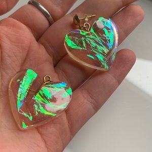 Handmade resin holographic shiny heart earrings.